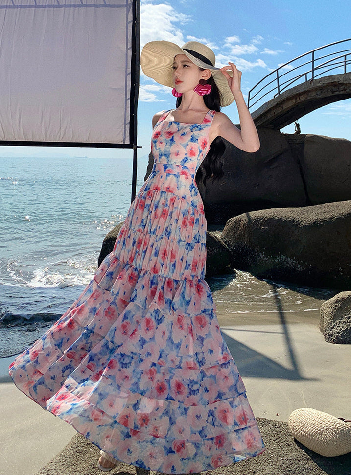 Watercolor Floral Tiered Ruffle Maxi Dress