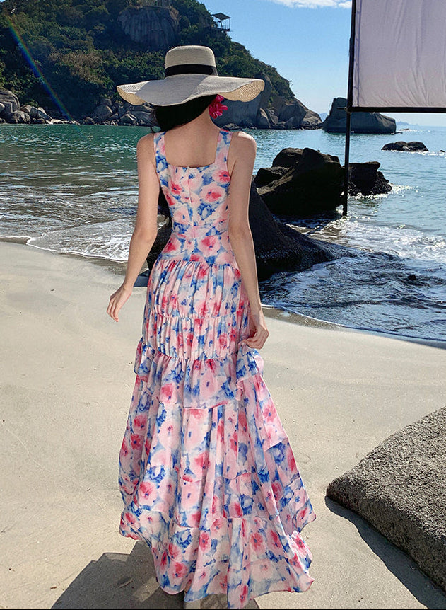 Watercolor Floral Tiered Ruffle Maxi Dress
