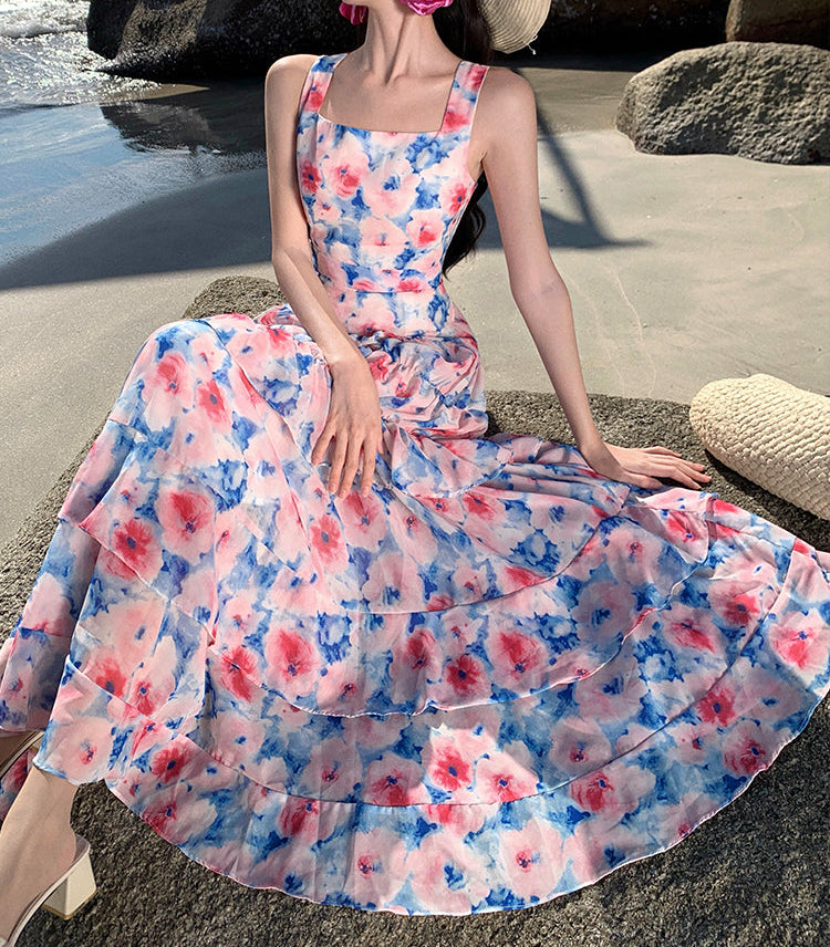 Watercolor Floral Tiered Ruffle Maxi Dress