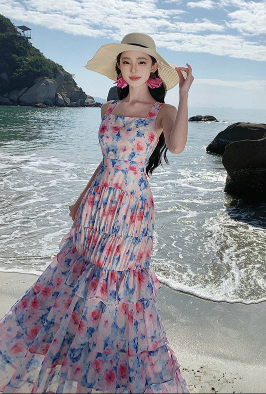 Watercolor Floral Tiered Ruffle Maxi Dress