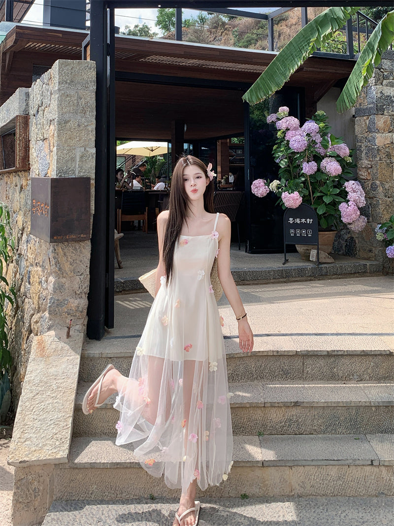 Ethereal Bloom 3D Floral Tulle Overlay Maxi Dress