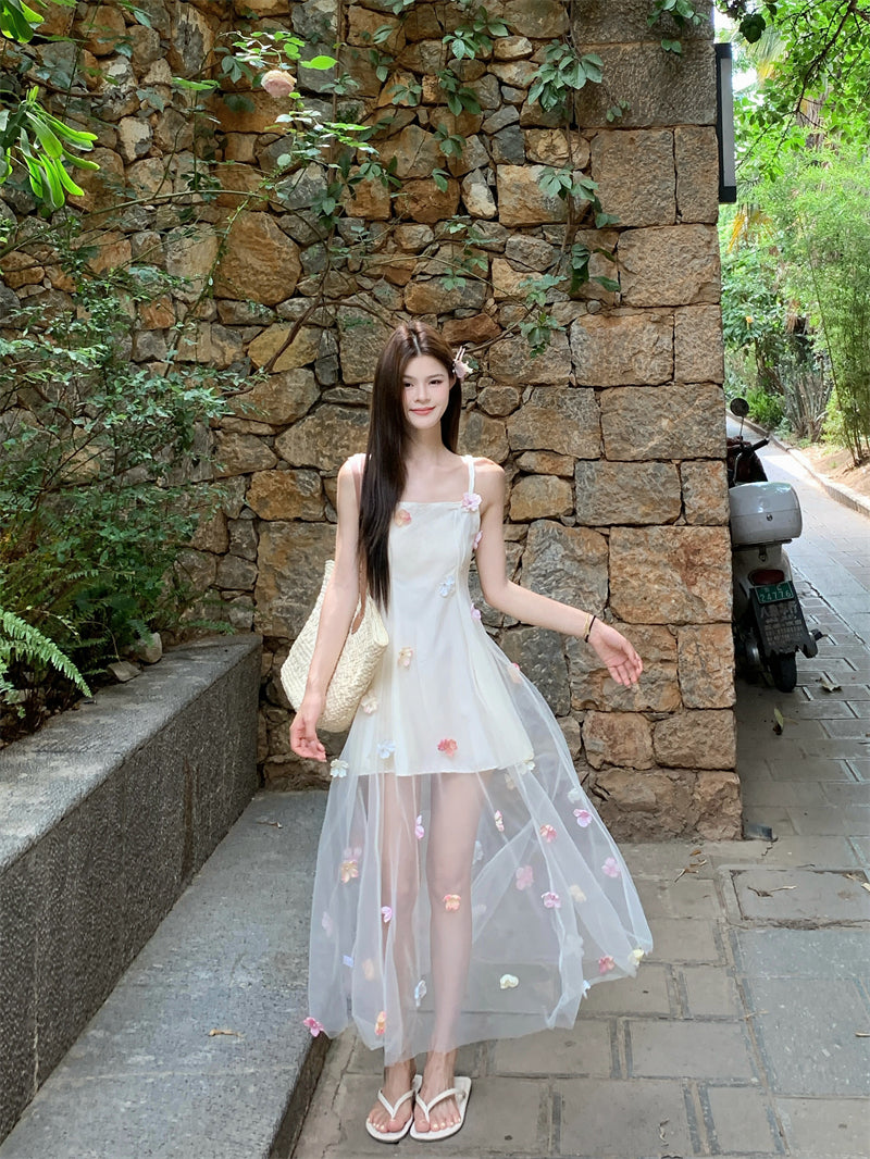 Ethereal Bloom 3D Floral Tulle Overlay Maxi Dress