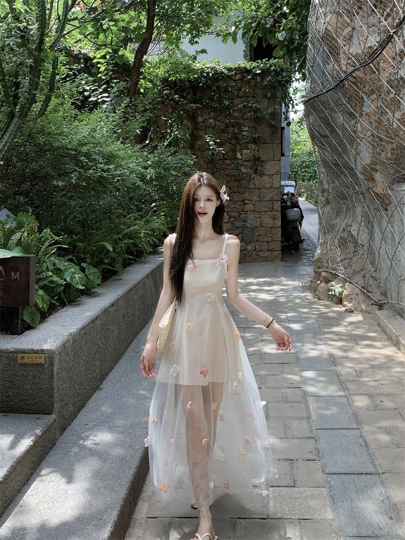 Ethereal Bloom 3D Floral Tulle Overlay Maxi Dress