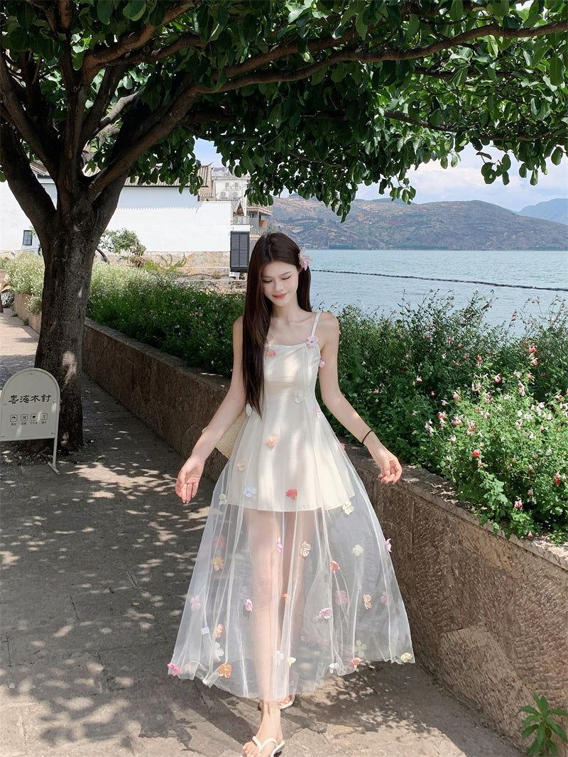 Ethereal Bloom 3D Floral Tulle Overlay Maxi Dress