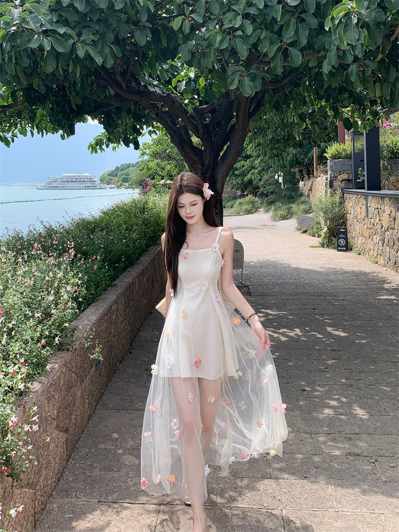 Ethereal Bloom 3D Floral Tulle Overlay Maxi Dress