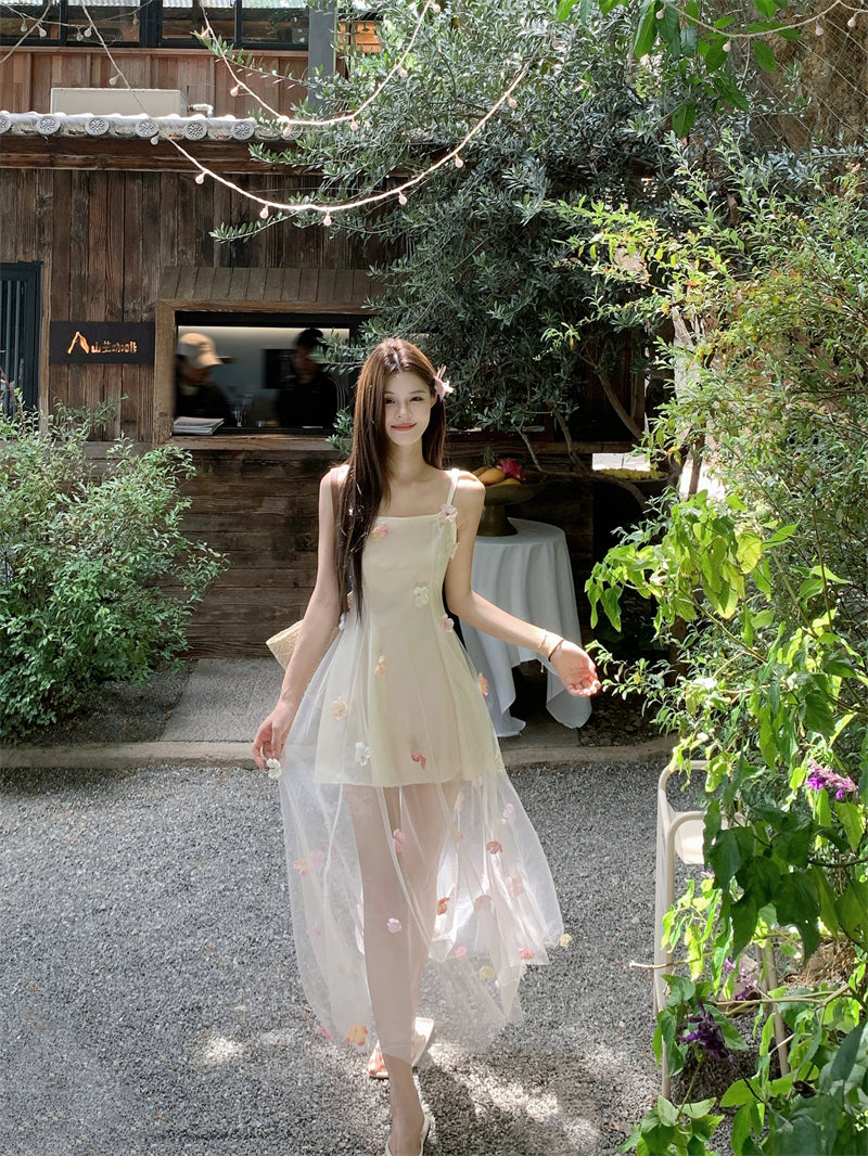 Ethereal Bloom 3D Floral Tulle Overlay Maxi Dress