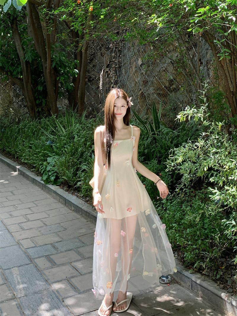Ethereal Bloom 3D Floral Tulle Overlay Maxi Dress