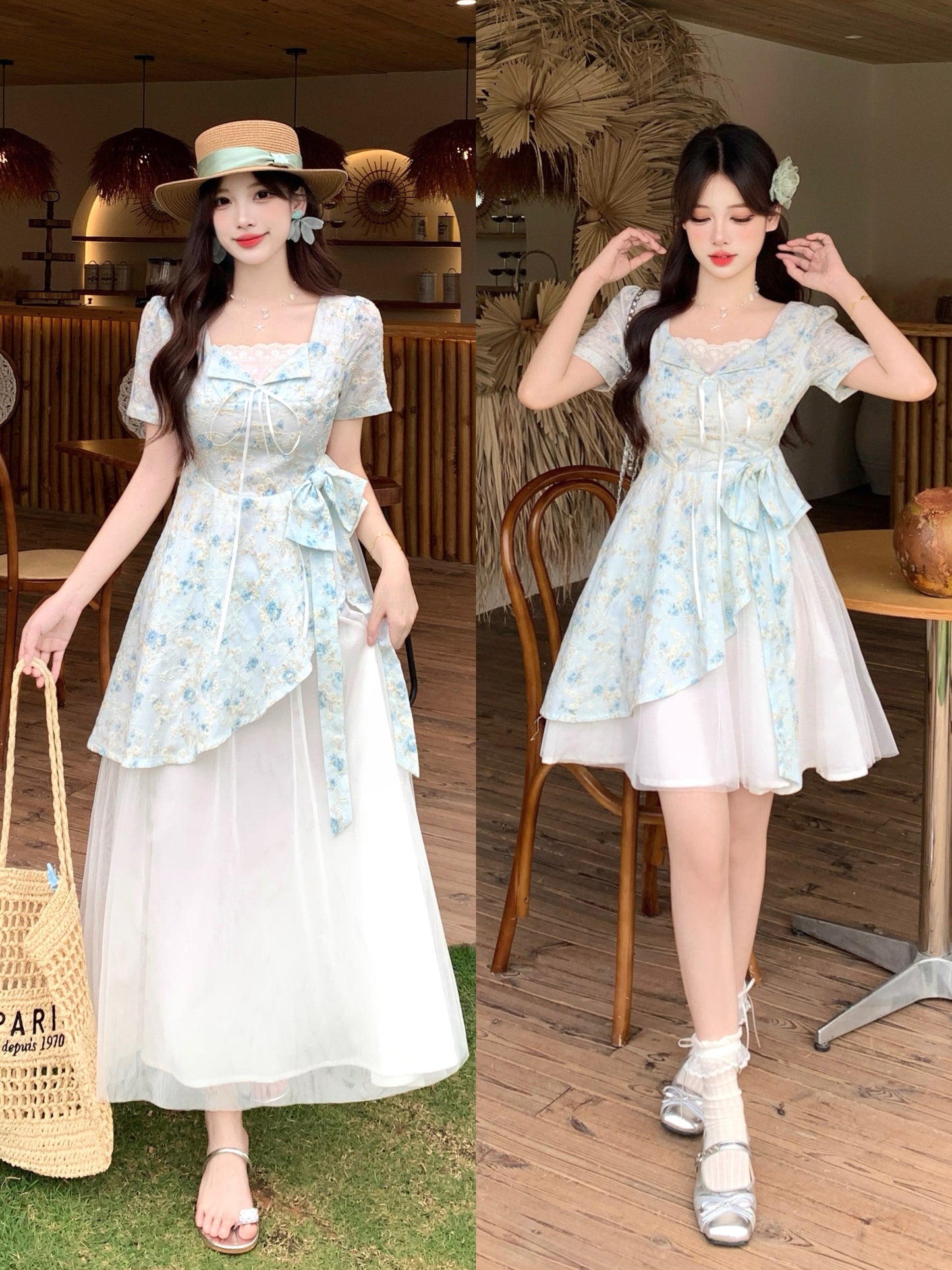 Pastle Floral Mesh Layered Dress