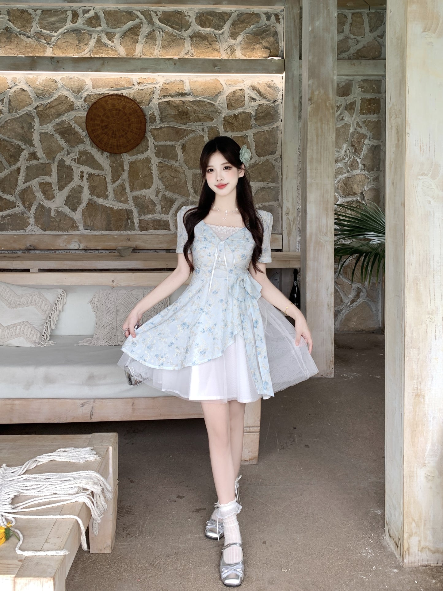 Pastle Floral Mesh Layered Dress