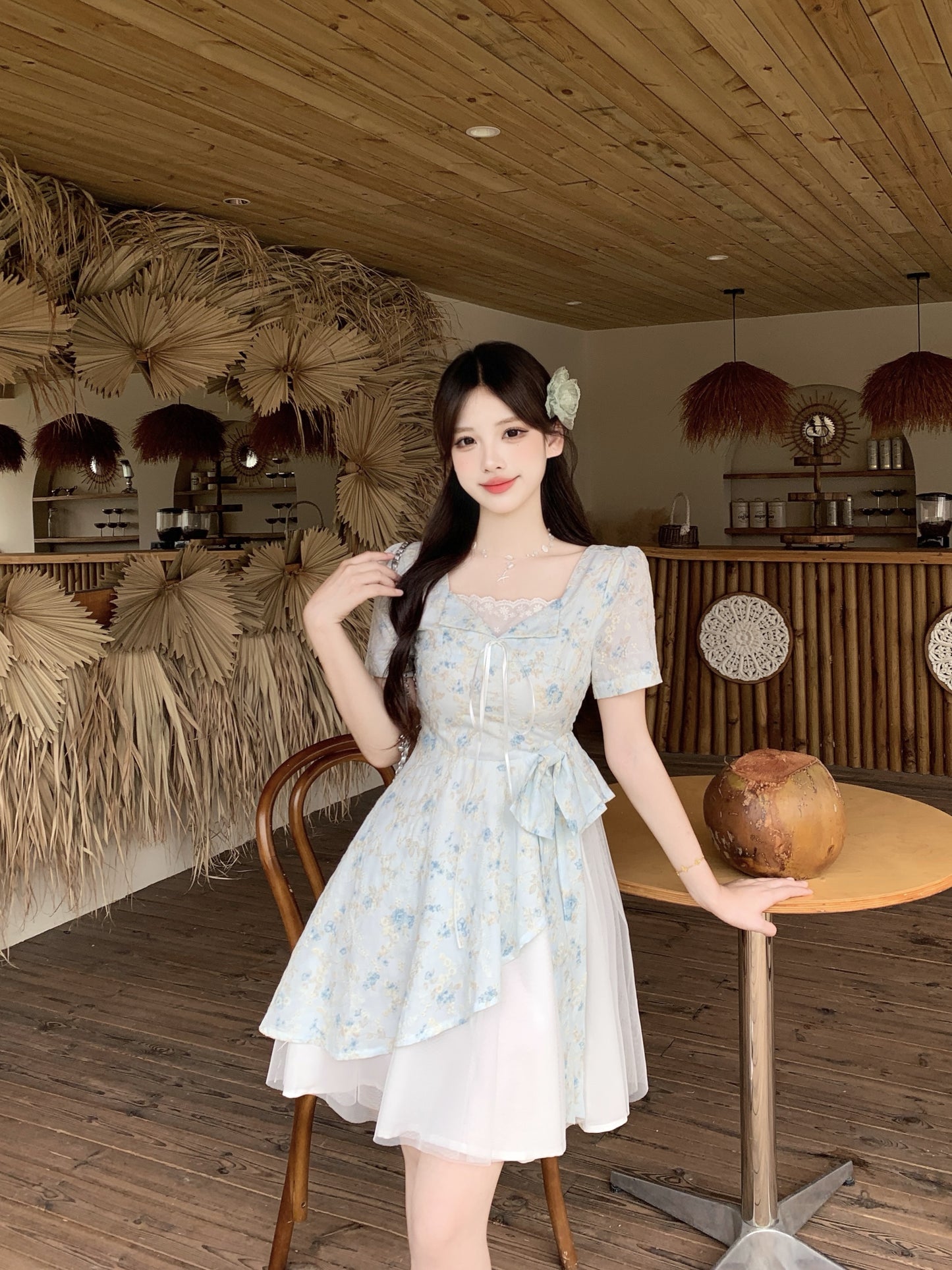 Pastle Floral Mesh Layered Dress