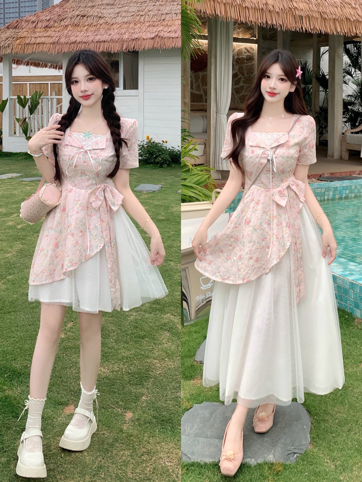 Pastle Floral Mesh Layered Dress