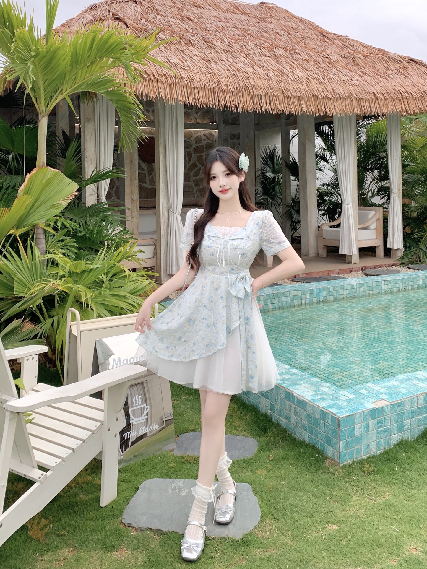 Pastle Floral Mesh Layered Dress