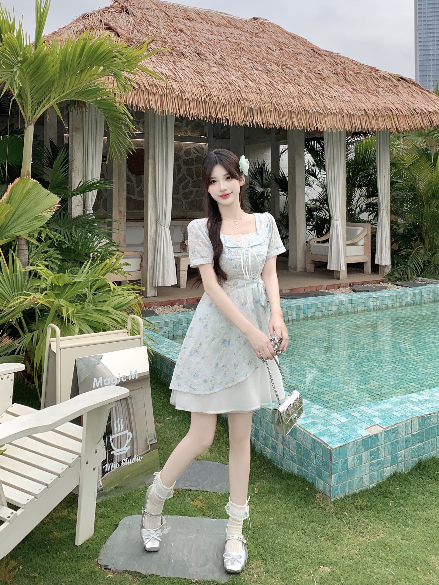 Pastle Floral Mesh Layered Dress