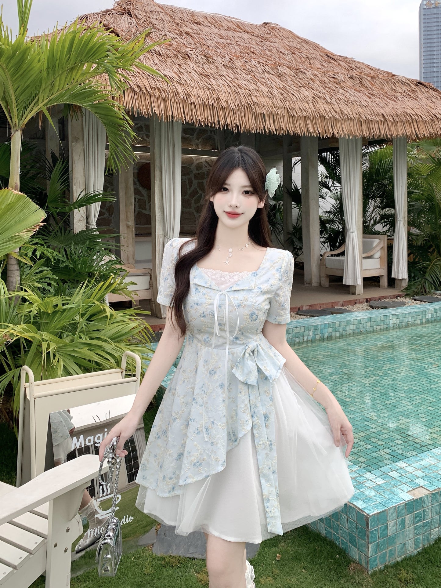 Pastle Floral Mesh Layered Dress
