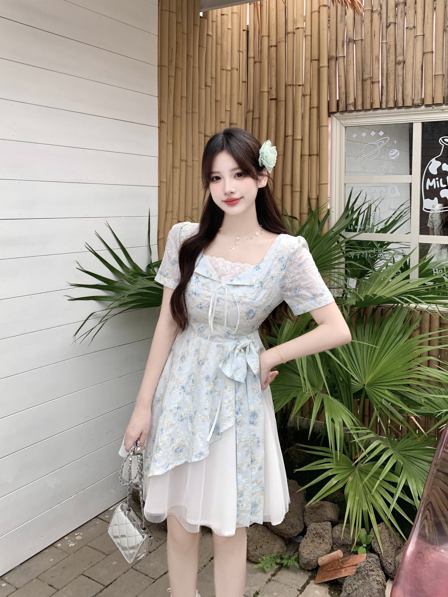 Pastle Floral Mesh Layered Dress