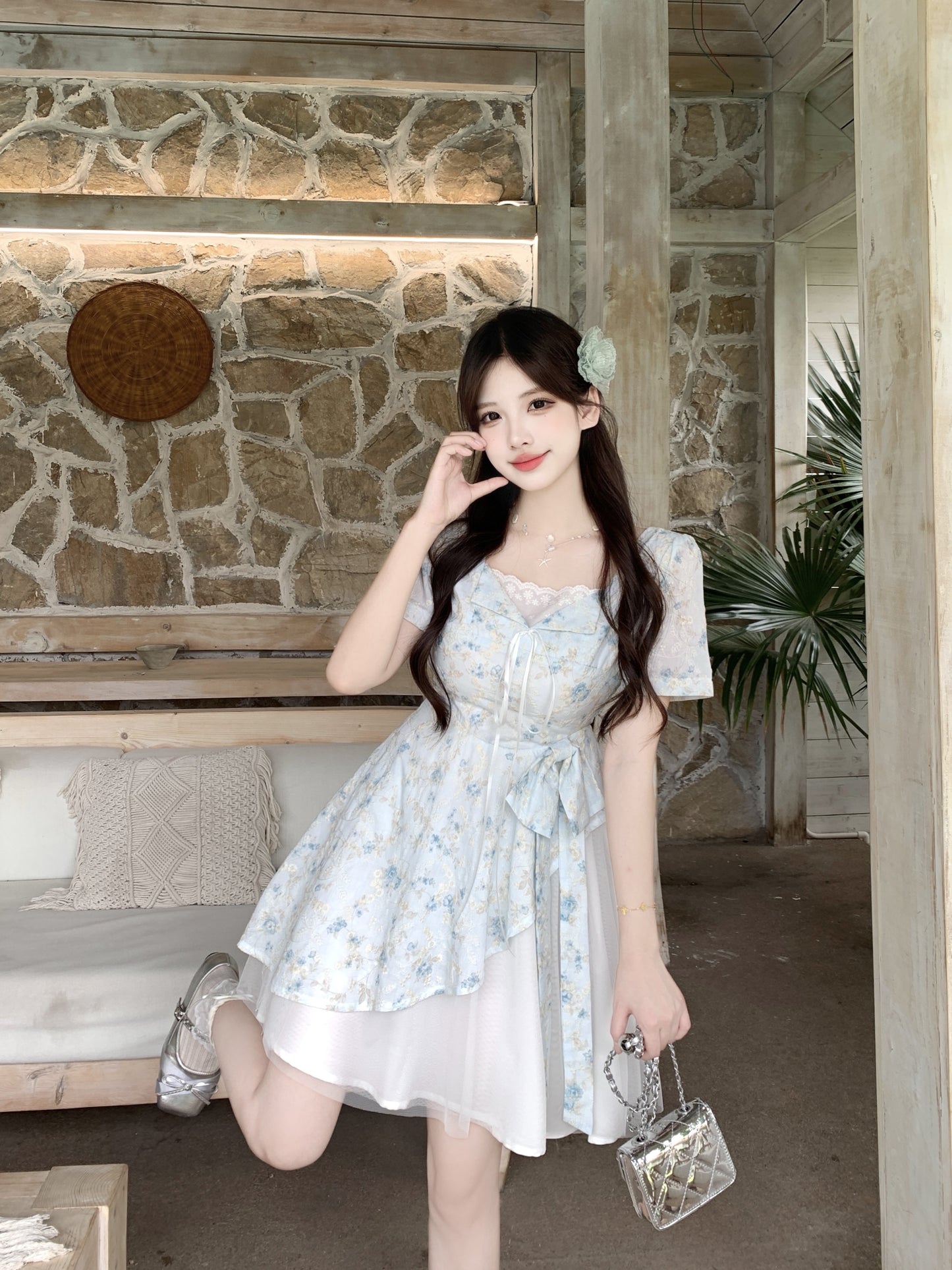 Pastle Floral Mesh Layered Dress
