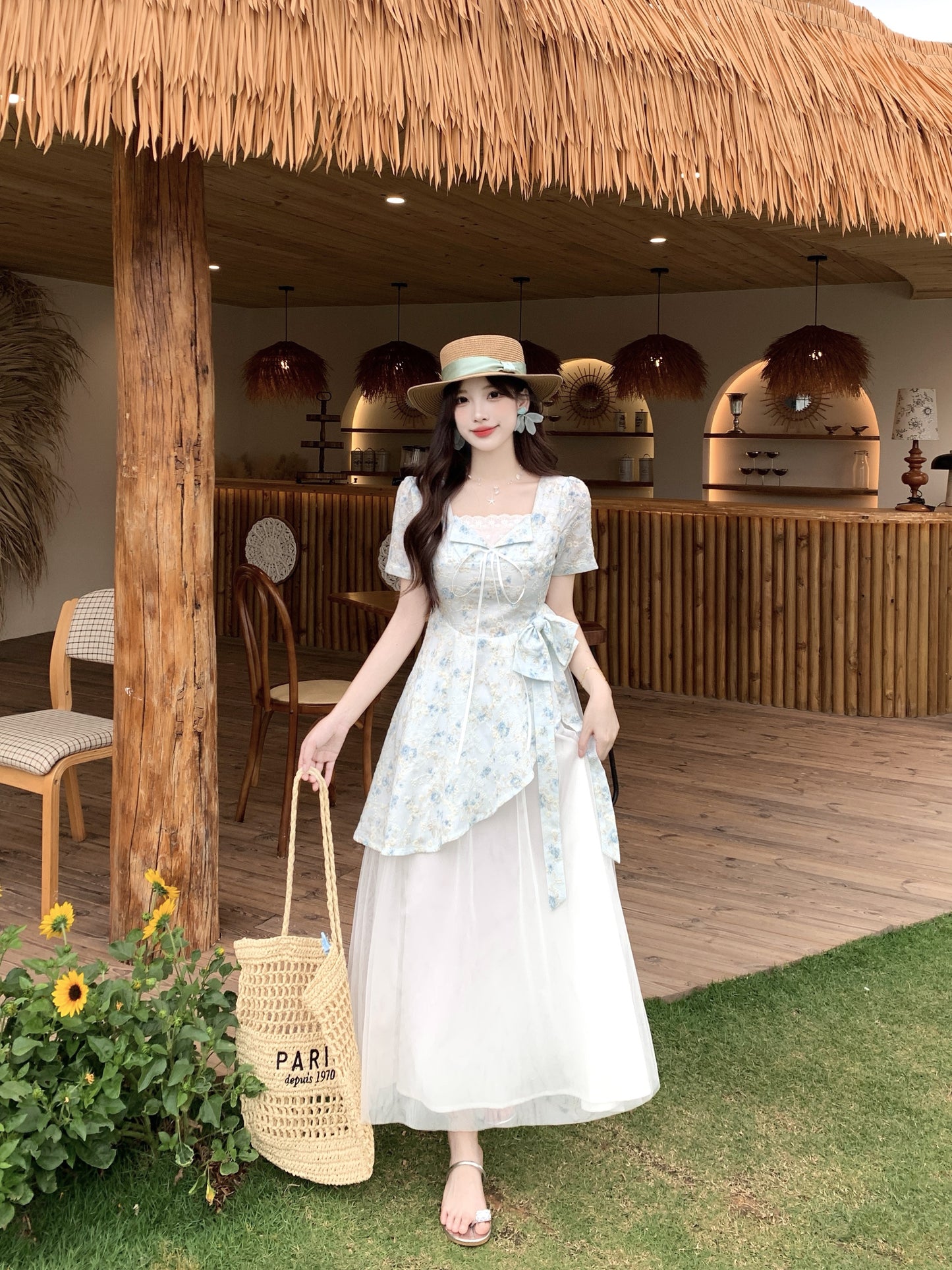 Pastle Floral Mesh Layered Dress