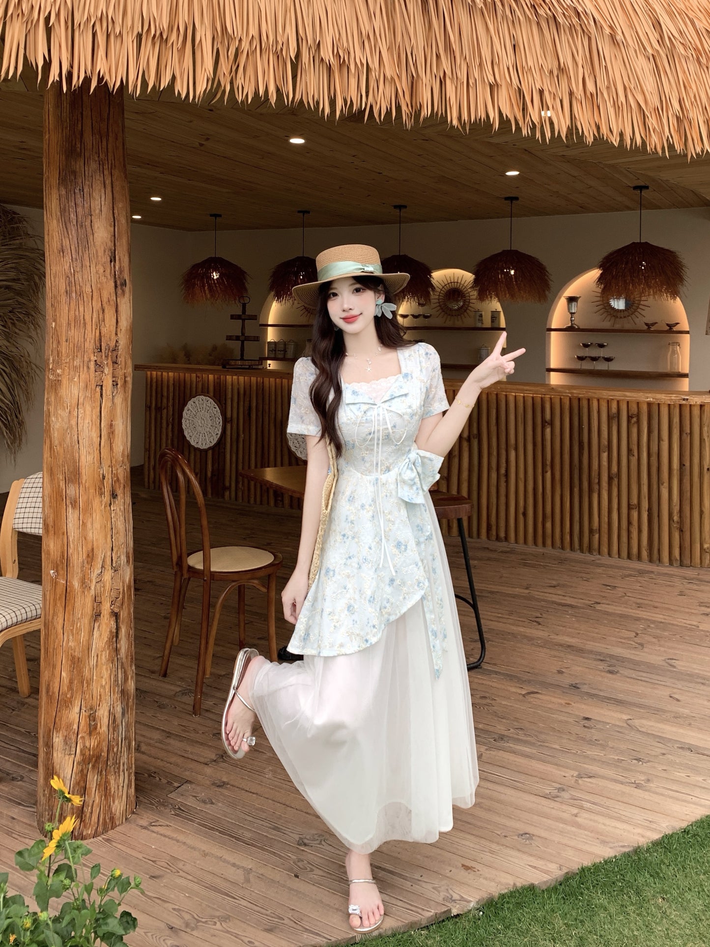 Pastle Floral Mesh Layered Dress