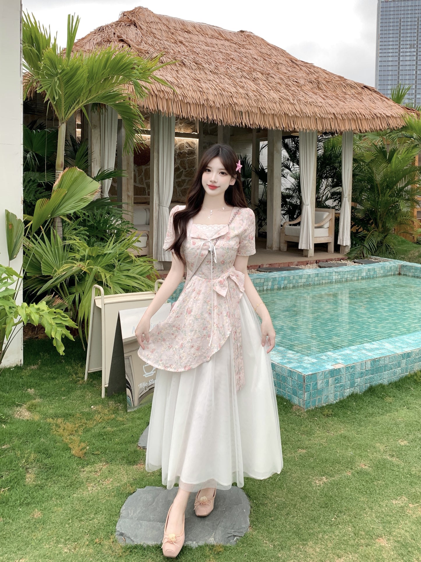 Pastle Floral Mesh Layered Dress