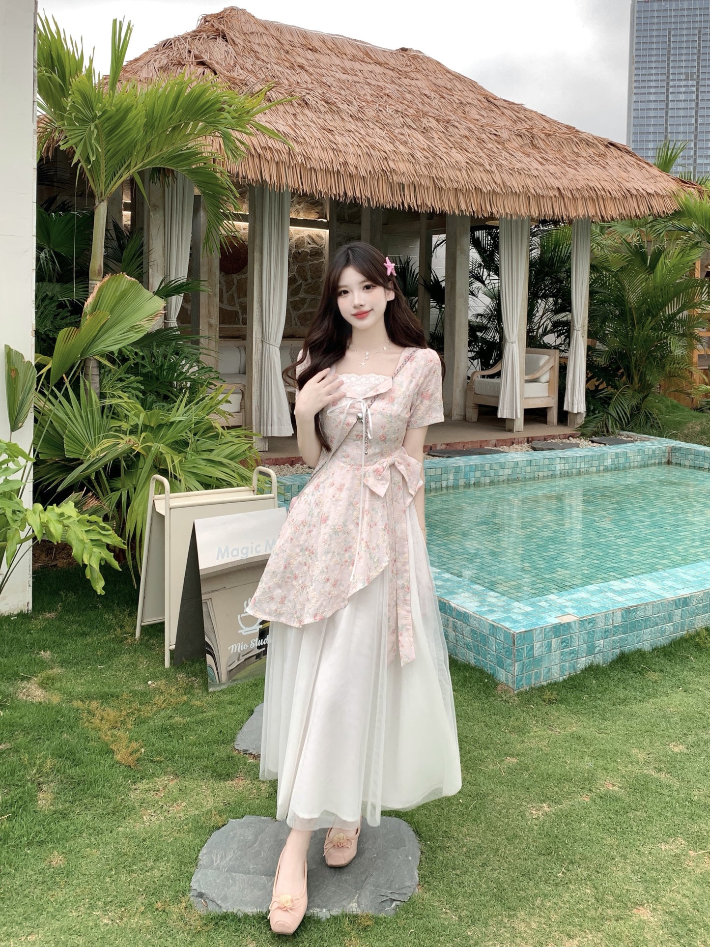 Pastle Floral Mesh Layered Dress