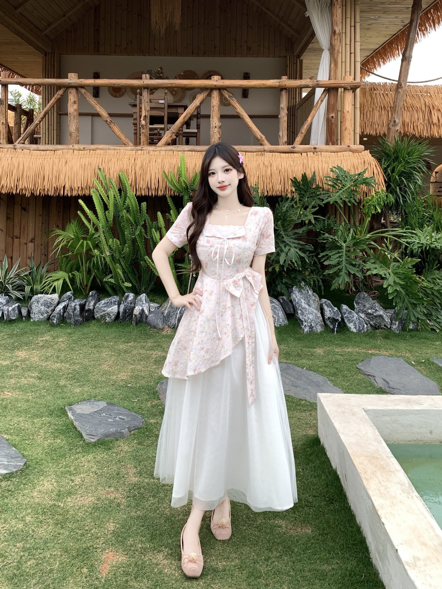 Pastle Floral Mesh Layered Dress