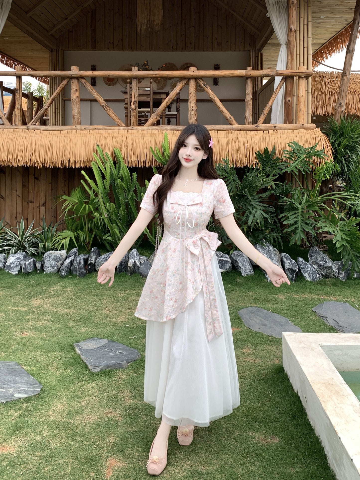 Pastle Floral Mesh Layered Dress