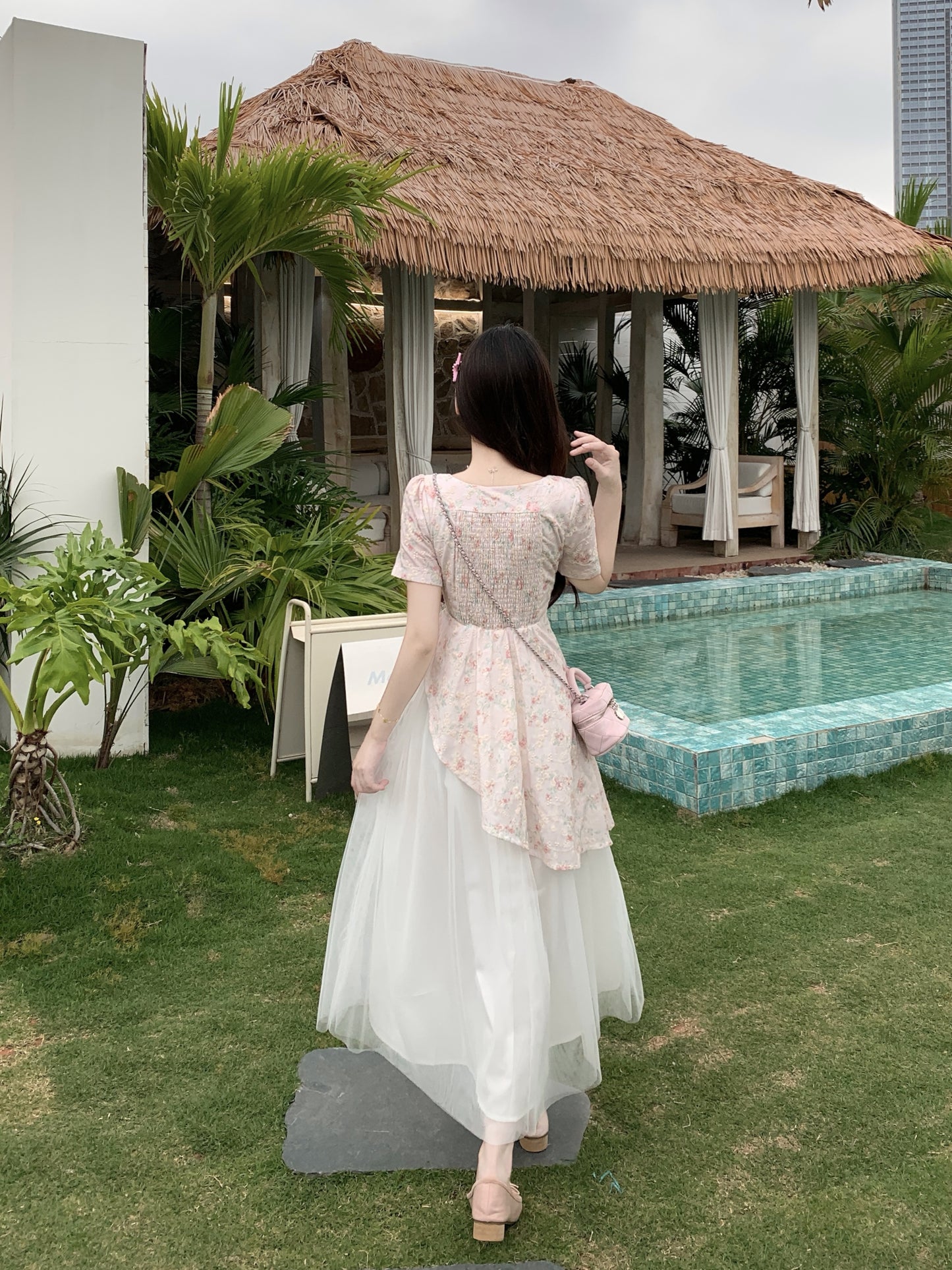 Pastle Floral Mesh Layered Dress