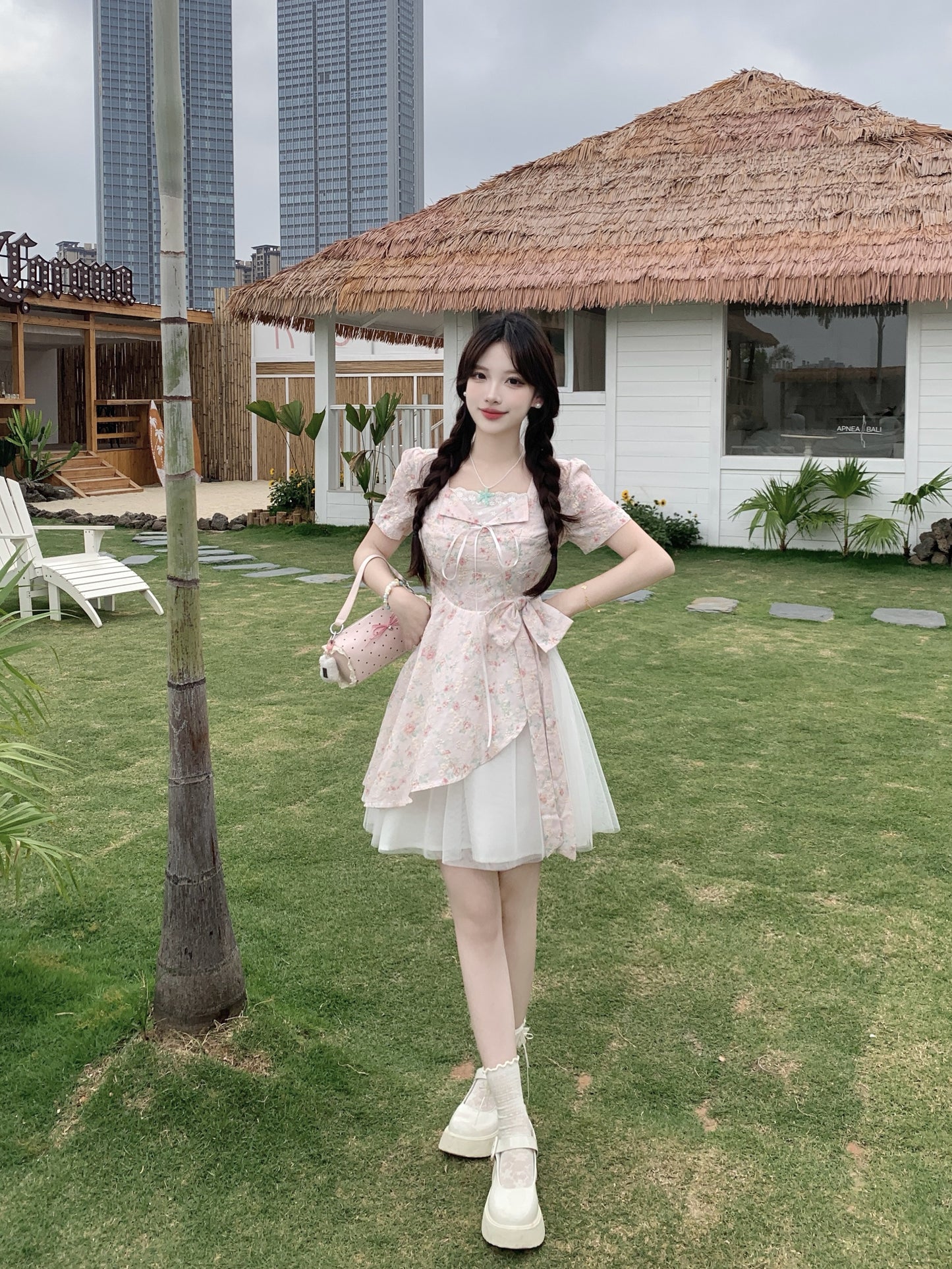 Pastle Floral Mesh Layered Dress