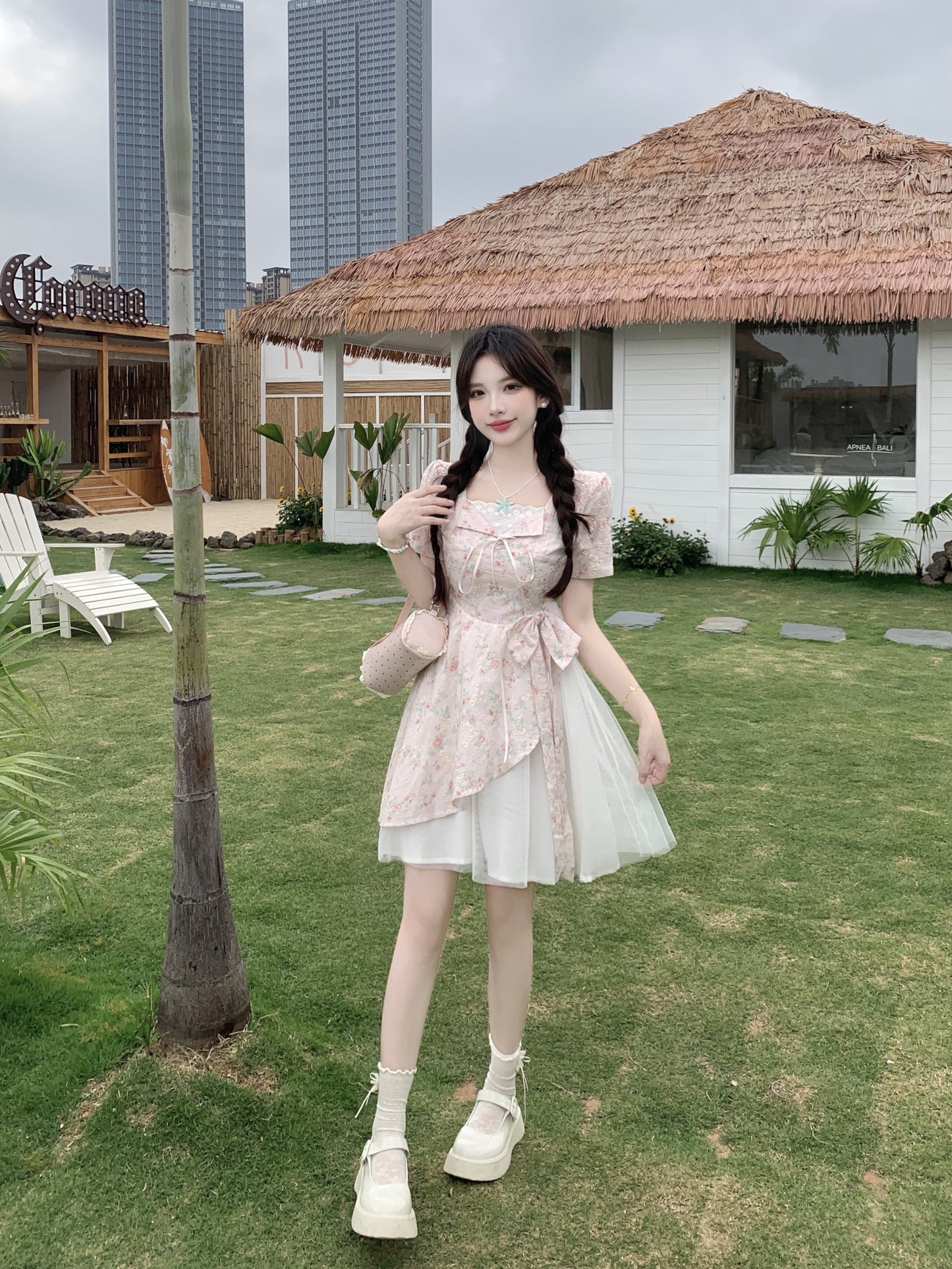 Pastle Floral Mesh Layered Dress