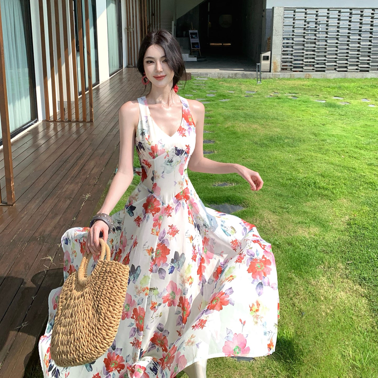 Floral V-Neck Halter Maxi Dress
