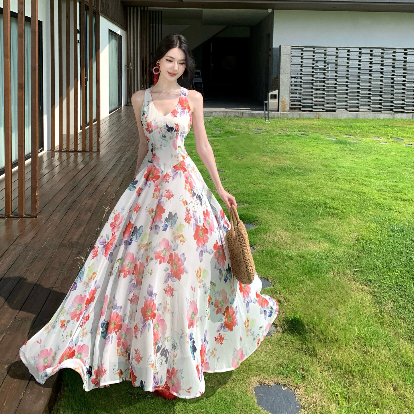 Floral V-Neck Halter Maxi Dress