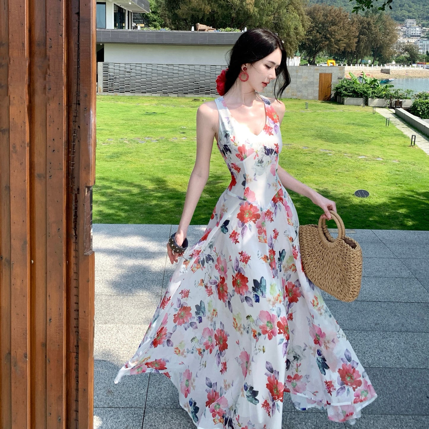 Floral V-Neck Halter Maxi Dress