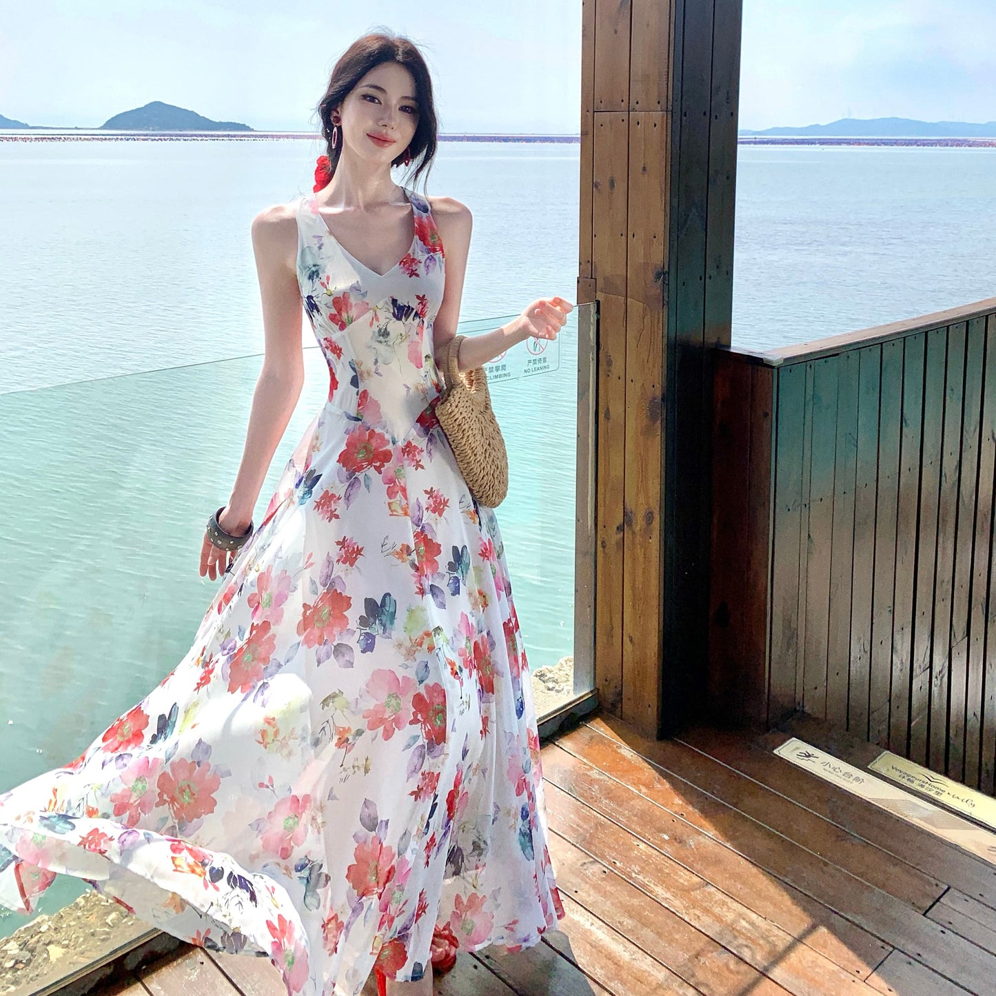 Floral V-Neck Halter Maxi Dress