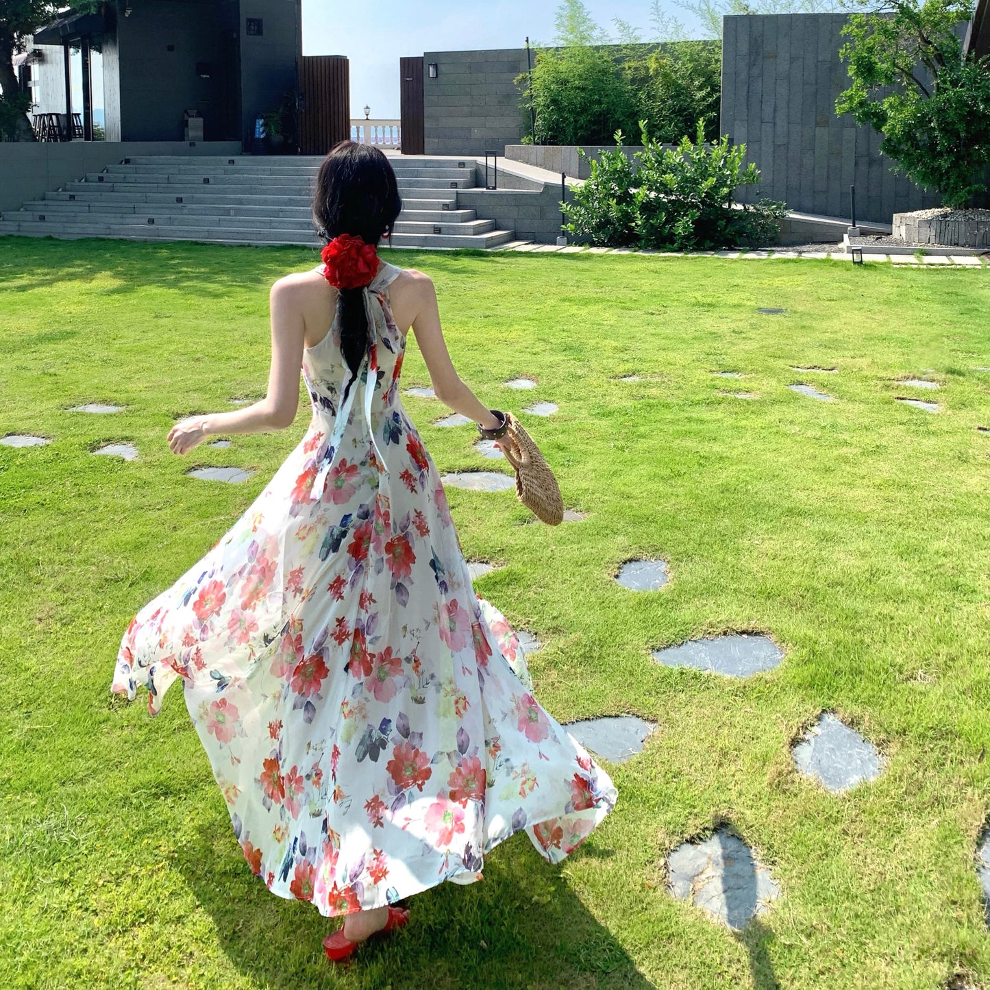 Floral V-Neck Halter Maxi Dress