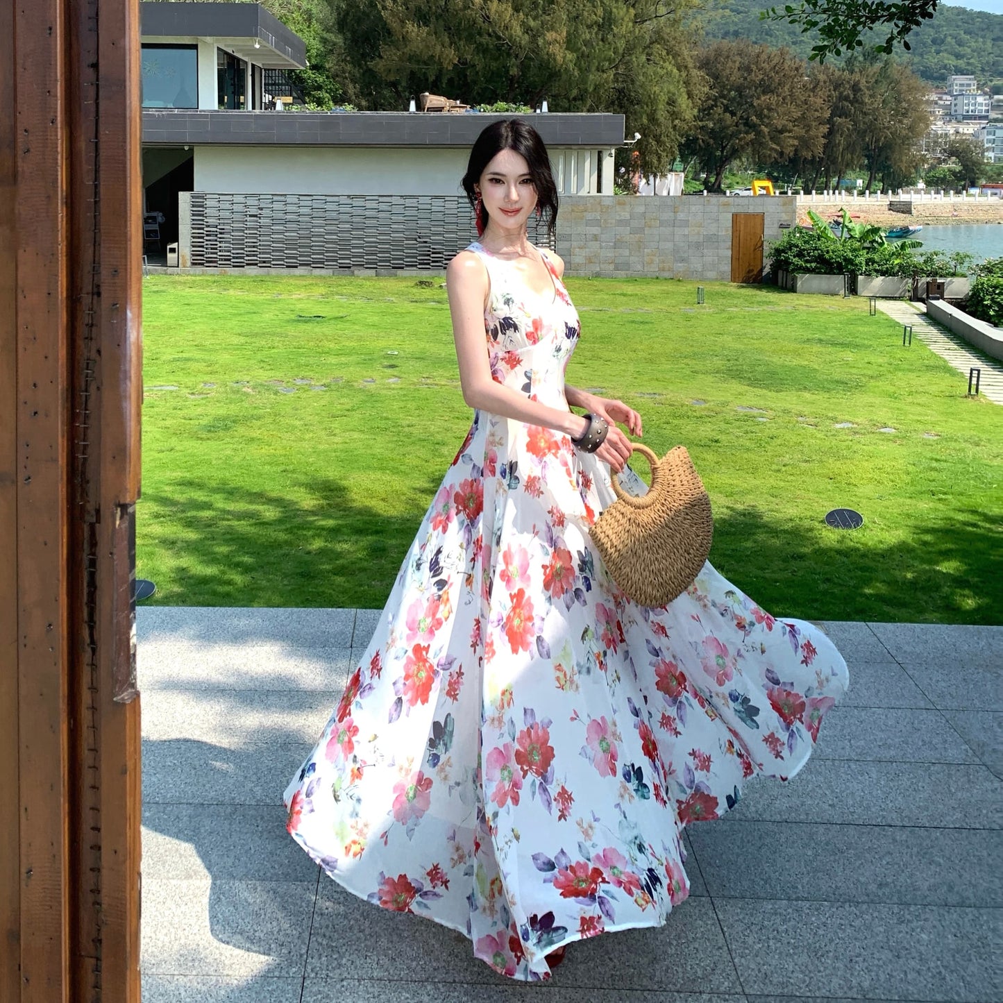 Floral V-Neck Halter Maxi Dress