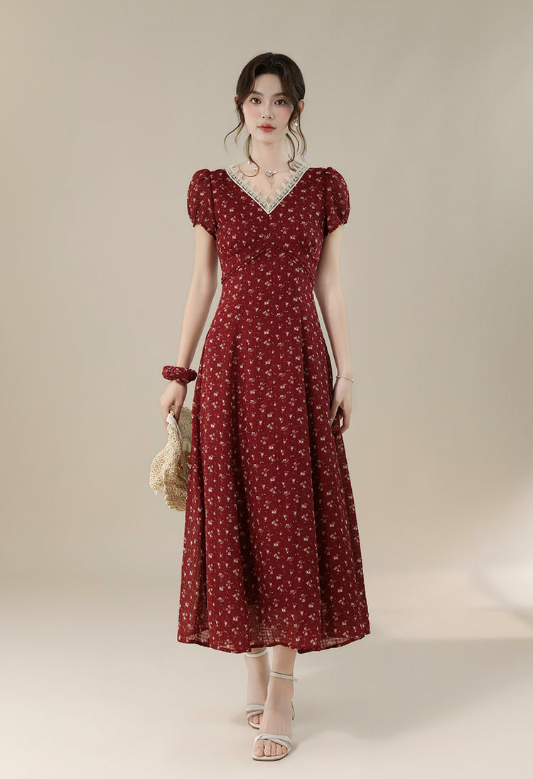 Vintage-Style Red Floral Midi Dress With Lace Trim And Puff Sleeve