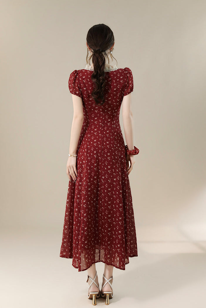 Vintage-Style Red Floral Midi Dress With Lace Trim And Puff Sleeve