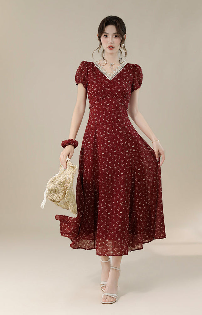 Vintage-Style Red Floral Midi Dress With Lace Trim And Puff Sleeve