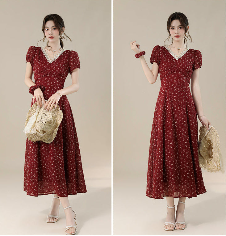 Vintage-Style Red Floral Midi Dress With Lace Trim And Puff Sleeve