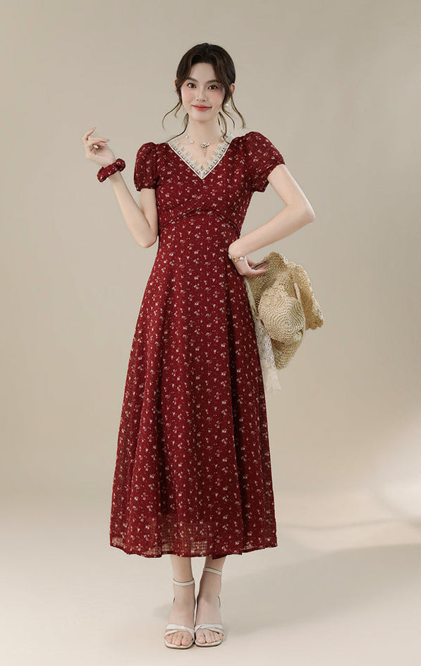Vintage-Style Red Floral Midi Dress With Lace Trim And Puff Sleeve