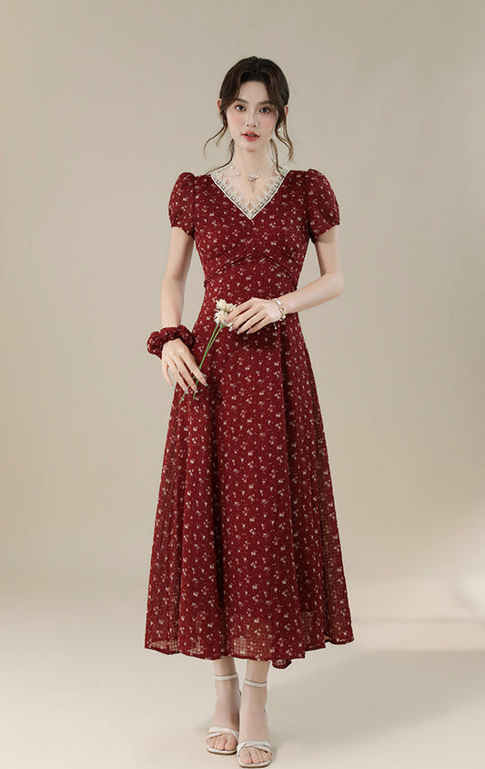 Vintage-Style Red Floral Midi Dress With Lace Trim And Puff Sleeve