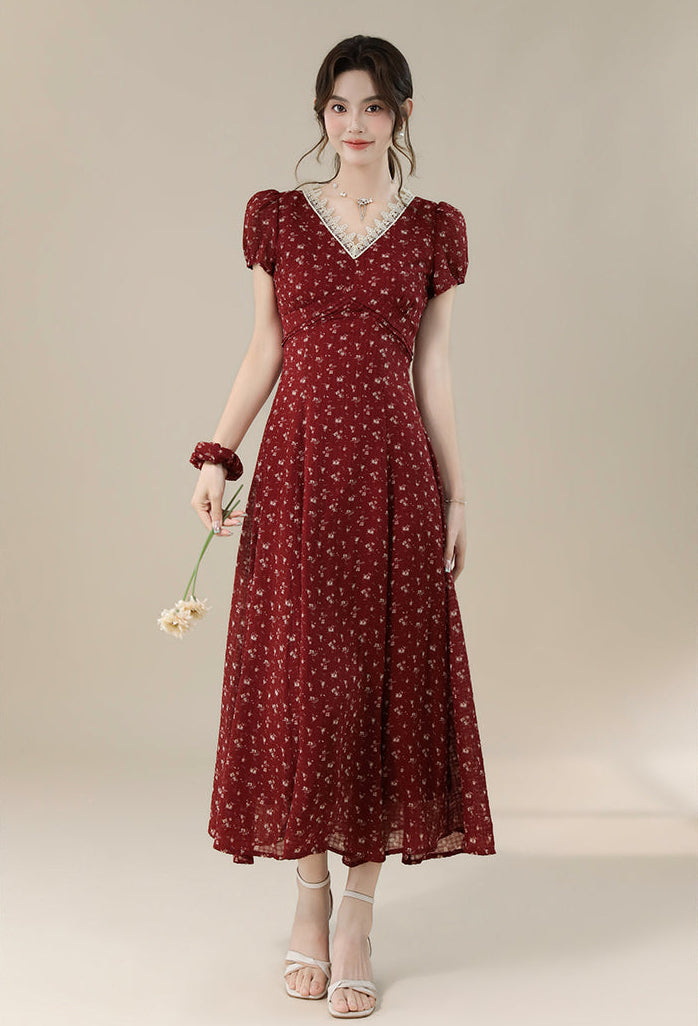 Vintage-Style Red Floral Midi Dress With Lace Trim And Puff Sleeve