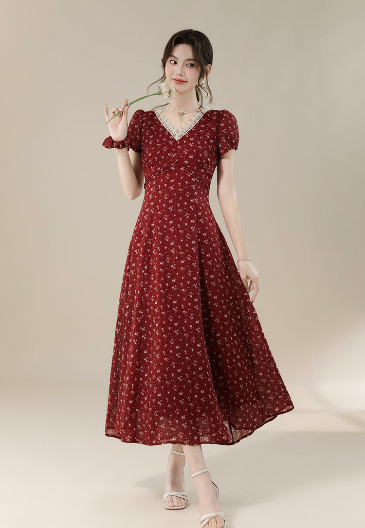 Vintage-Style Red Floral Midi Dress With Lace Trim And Puff Sleeve