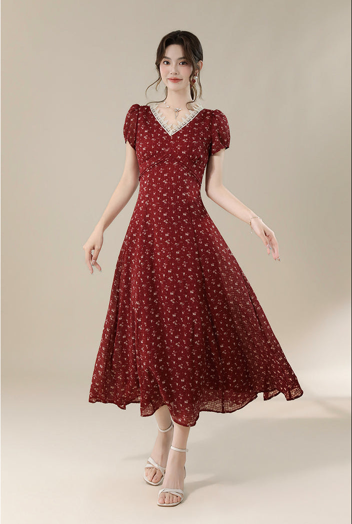 Vintage-Style Red Floral Midi Dress With Lace Trim And Puff Sleeve