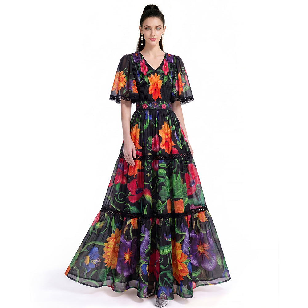 Floral V-Neck Tiered Maxi Dress