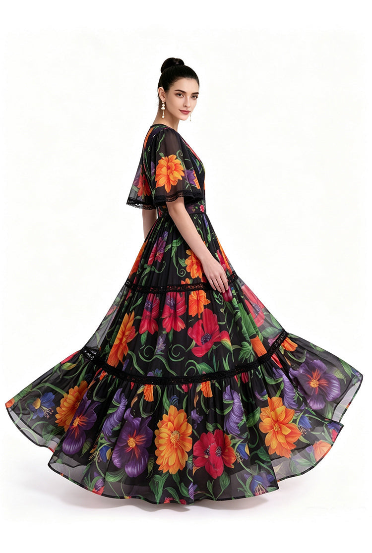 Floral V-Neck Tiered Maxi Dress