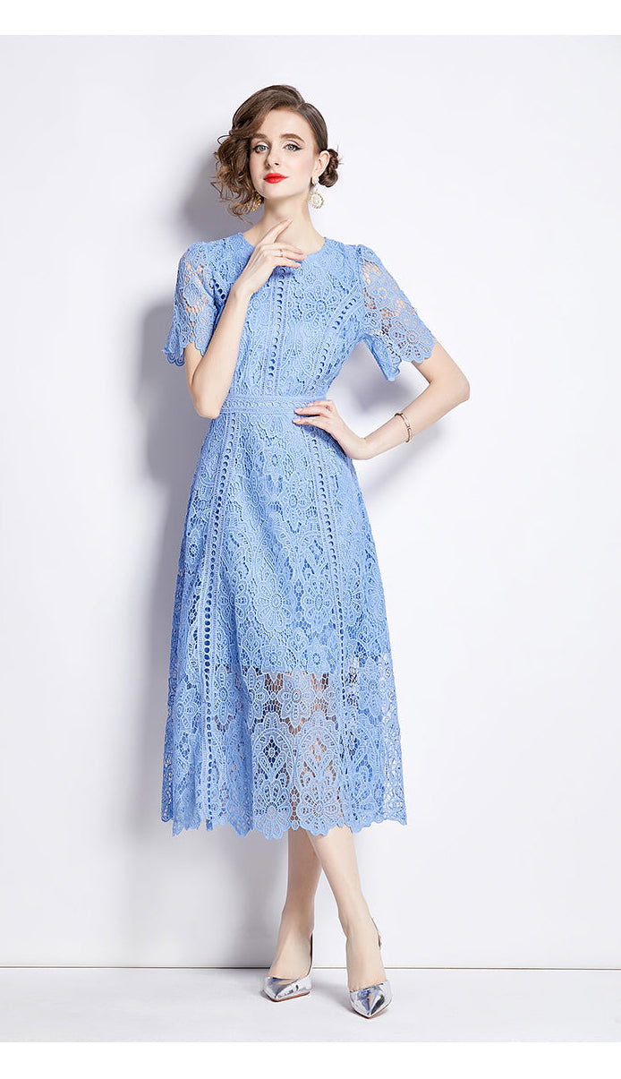 Floral Guipure Lace Short Sleeve Midi Dress