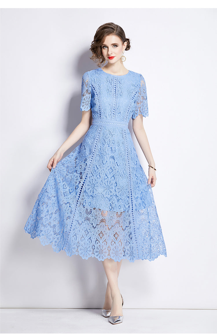Floral Guipure Lace Short Sleeve Midi Dress