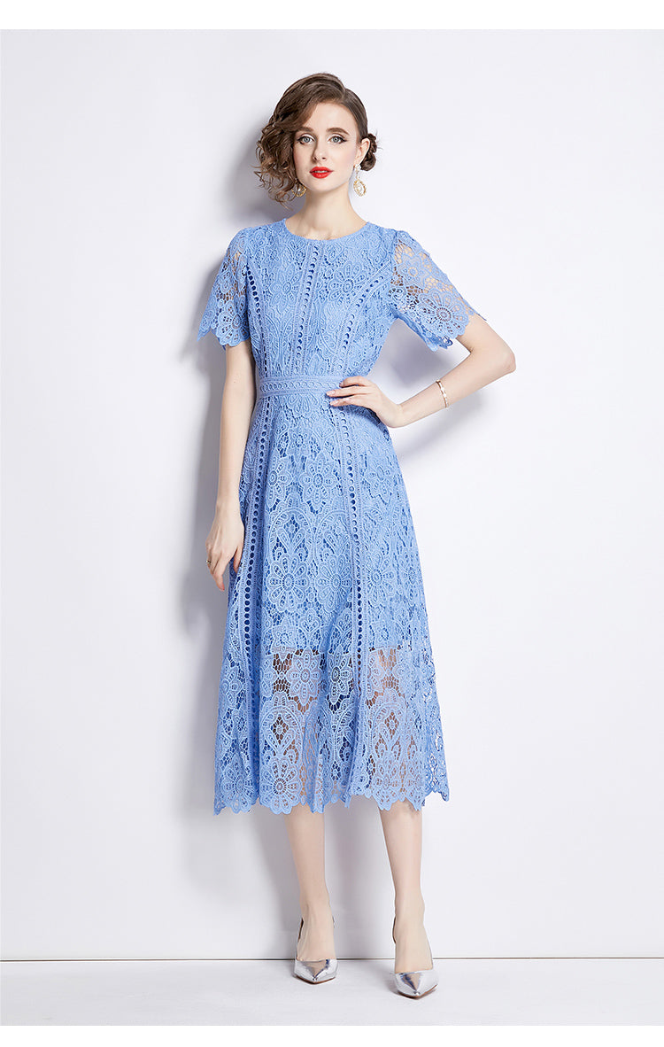 Floral Guipure Lace Short Sleeve Midi Dress