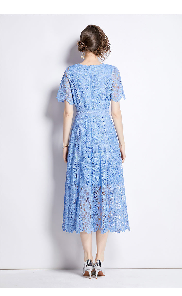 Floral Guipure Lace Short Sleeve Midi Dress